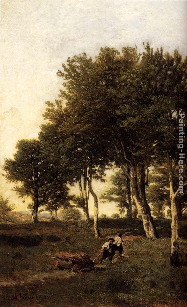 Henri-Joseph Harpignies Landscape with Two Boys Carrying Firewood